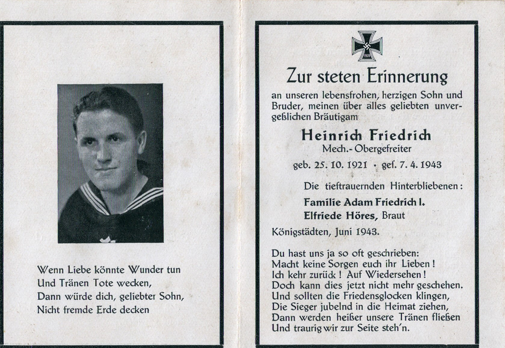 Heinrich Friedrich gefallen 1943 im Schwarzen Meer-Todesanzeige-Innen